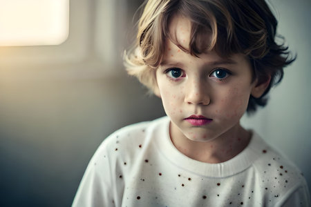 Natural vaccination. Contagious disease. Sick child with chickenpox. Varicella virus or Chickenpox bubble rash on child body and face. Generative AIの素材