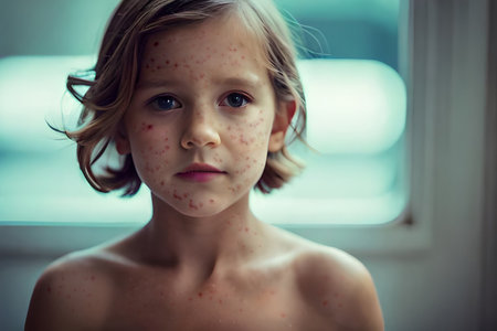 Natural vaccination. Contagious disease. Sick child with chickenpox. Varicella virus or Chickenpox bubble rash on child body and face. Generative AIの素材