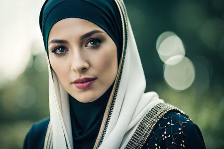 a beautiful asian muslim woman wearing hijabPretty young muslim woman walking in the city. Generative AI.の素材
