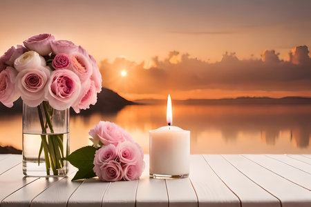 Bouquet of white flowers in a vase, candles on vintage copper tray, wedding home decor on a table. High creative aiの素材