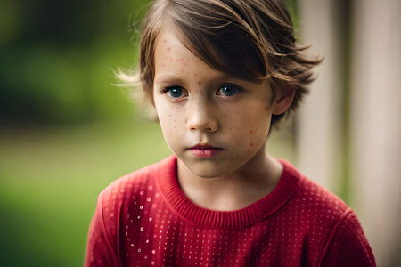 Natural vaccination. Contagious disease. Sick child with chickenpox. Varicella virus or Chickenpox bubble rash on child body and face. Generative AIの素材