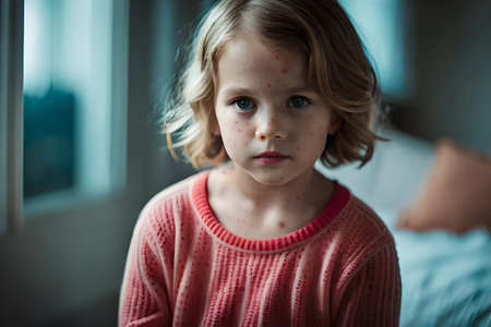 Natural vaccination. Contagious disease. Sick child with chickenpox. Varicella virus or Chickenpox bubble rash on child body and face. Generative AIの素材