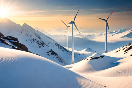 Panoramic view of wind farm or wind park, with high wind turbines for generation electricity with copy space. Green energy concept. Generative AIの素材