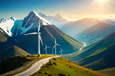 Panoramic view of wind farm or wind park, with high wind turbines for generation electricity with copy space. Green energy concept. Generative AIの素材