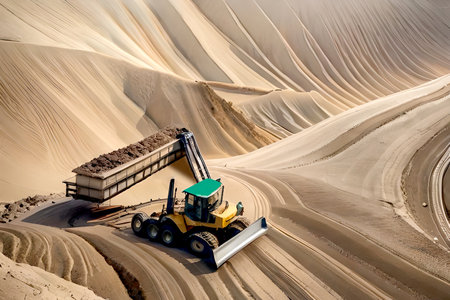 Top view of on the truck and bulldozer working in the stone mine. Excavator loader machine during earthmoving works outdoors. High quality photoの素材