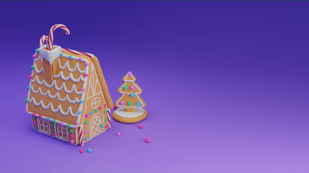 New 2022 Year is coming. Gingerbread house and christmas tree on blue background. 3d illustrationの写真素材