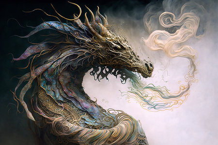 Fantasy evil dragon portrait. Surreal artwork of danger dragon from medieval mythology . Digital painting illustration Generative AIの素材