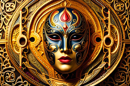 Realistic luxury carnival mask with colorful feathers. Abstract blurred background, gold dust, and light effects. Generative AI.の素材