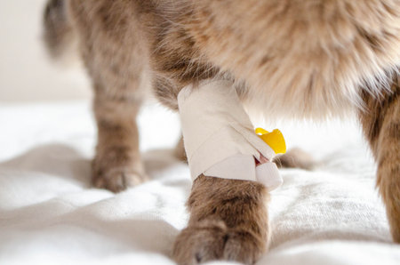 Sick cat with Saline intravenous in the animal hospital. The cat's paw is tied to the infusion therapy table. The paw is bandaged . High quality photoの写真素材