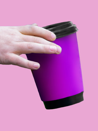 Simply flat lay design color paper coffee cup on pastel colorful trendy background. Takeaway drink container. Good morning wake up awake concept. Template of drink mockup. Top view copy spaceの写真素材