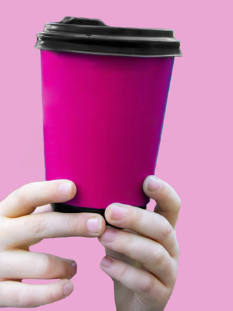 Simply flat lay design color paper coffee cup on pastel colorful trendy background. Takeaway drink container. Good morning wake up awake concept. Template of drink mockup. Top view copy spaceの写真素材