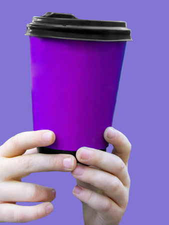 Simply flat lay design color paper coffee cup on pastel colorful trendy background. Takeaway drink container. Good morning wake up awake concept. Template of drink mockup. Top view copy spaceの写真素材