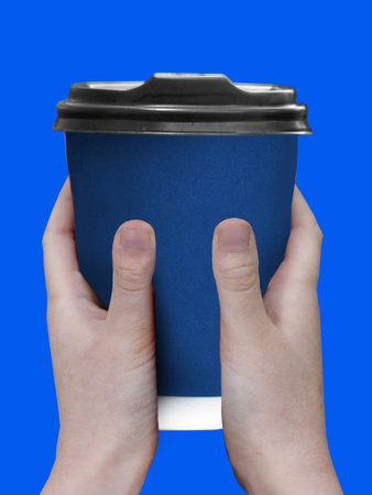 Simply flat lay design color paper coffee cup on pastel colorful trendy background. Takeaway drink...
