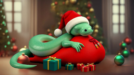 Cute Cartoon Snake. Chinese 2025 New Year symbol, happy animal character mascot in Santa hat. Happy funny serpent with spots on skin. Colored flat 3D illustration isolated on colorful backgroundの素材