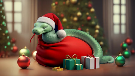 Cute Cartoon Snake. Chinese 2025 New Year symbol, happy animal character mascot in Santa hat. Happy funny serpent with spots on skin. Colored flat 3D illustration isolated on colorful backgroundの素材