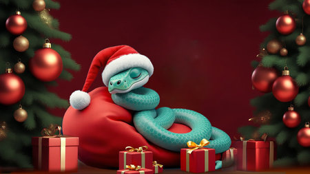 Cute Cartoon Snake. Chinese 2025 New Year symbol, happy animal character mascot in Santa hat. Happy funny serpent with spots on skin. Colored flat 3D illustration isolated on colorful backgroundの素材