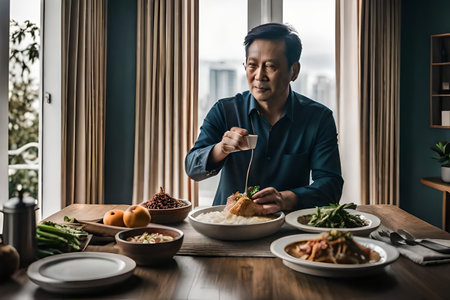 AI-generated Digital Art. An old man serving a coffee in traditional market stall, angkringan. High quality photoの素材