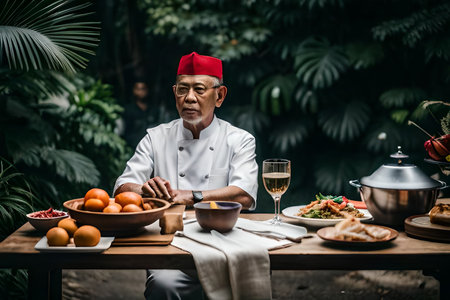 AI-generated Digital Art. An old man serving a coffee in traditional market stall, angkringan. High quality photoの素材