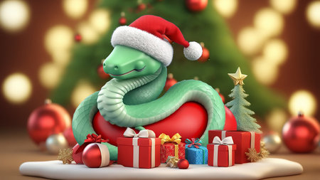 Cute Cartoon Snake. Chinese 2025 New Year symbol, happy animal character mascot in Santa hat. Happy funny serpent with spots on skin. Colored flat 3D illustration isolated on colorful backgroundの素材