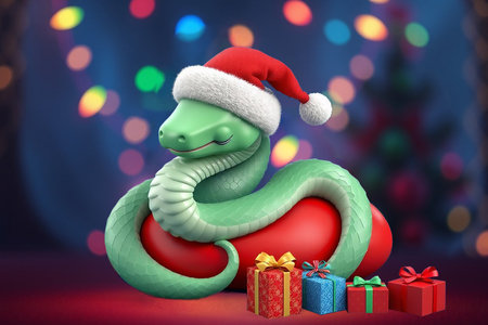 Cute Cartoon Snake. Chinese 2025 New Year symbol, happy animal character mascot in Santa hat. Happy funny serpent with spots on skin. Colored flat 3D illustration isolated on colorful backgroundの素材
