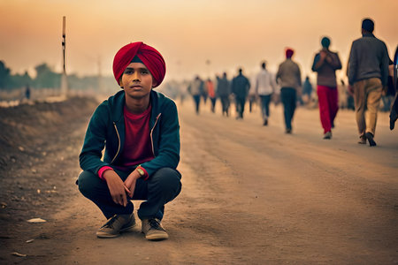 Traditional Indian boy potter artist painting and decorating design on clay pot for sale, handicraft, skill india.の素材