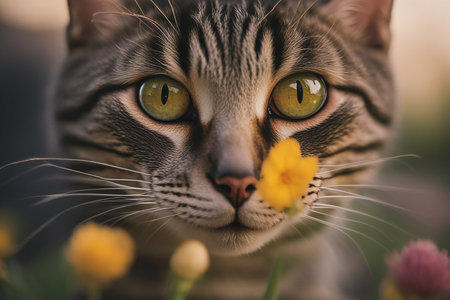 Bright portrait of cute alley cat. beautiful young red-haired young cat in the summer in the garden by a vase of flowers. High quality photoの素材