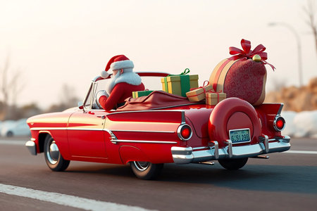 Unusual 3d illustration of a Red Santa's car with gift boxes and christmas tree on the top. Merry Christmas and a Happy New Year concept. High quality illustrationの素材