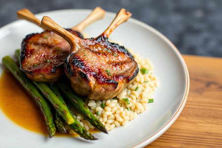 Roasted Lamb Chops with Pistachio. Garnished with Vegetables and Basil. High quality photoの素材