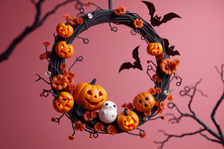 A Halloween wreath featuring a spooky round frame of twisted branches, complete with a majestic owl and a grinning Jack-o'-Lantern carved pumpkin. 3D illustration. High quality 3d illustrationの素材