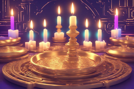 Happy Diwali.Diwali holiday abstract, shiny background with diya lamps and rangoli. 3D illustation. Diwali Holiday greeting card with two burning di ya.の素材