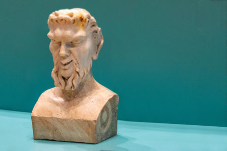 Museum photography. Ancient roman marble statue. Person figure statue isolated on colored background. Antique sculpture. High quality photoの写真素材