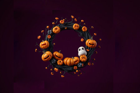 A Halloween wreath featuring a spooky round frame of twisted branches, complete with a majestic owl and a grinning Jack-o-Lantern carved pumpkin. 3D illustration. High quality 3d illustrationの素材