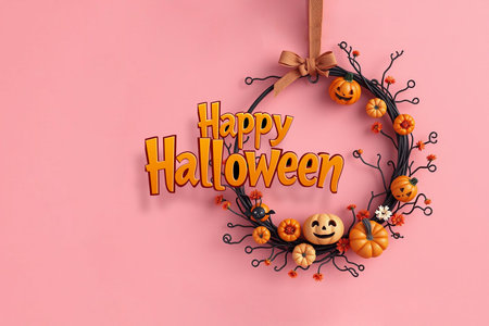 A Halloween wreath featuring a spooky round frame of twisted branches, complete with a majestic owl and a grinning Jack-o'-Lantern carved pumpkin. 3D illustration. High quality 3d illustrationの素材