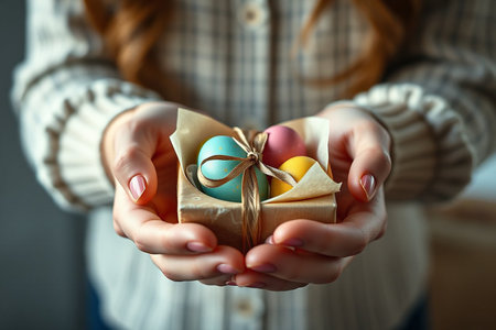 Women's hands holding gift box in craft paper wrapping, with a tag in the shape of an Easter egg, on a dark background. Zero waste and eco friendly concept. High quality photo. High quality photoの素材