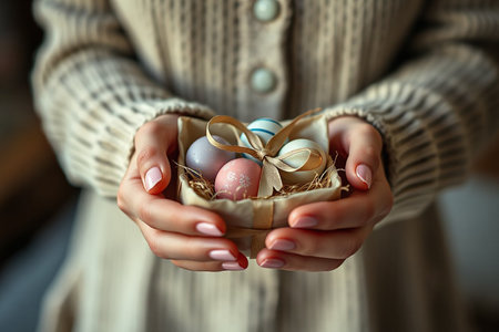Women's hands holding gift box in craft paper wrapping, with a tag in the shape of an Easter egg, on a dark background. Zero waste and eco friendly concept. High quality photo. High quality photoの素材