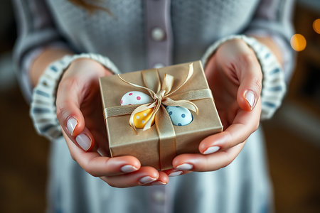 Women's hands holding gift box in craft paper wrapping, with a tag in the shape of an Easter egg, on a dark background. Zero waste and eco friendly concept. High quality photo. High quality photoの素材