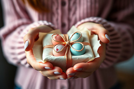 Women's hands holding gift box in craft paper wrapping, with a tag in the shape of an Easter egg, on a dark background. Zero waste and eco friendly concept. High quality photo. High quality photoの素材