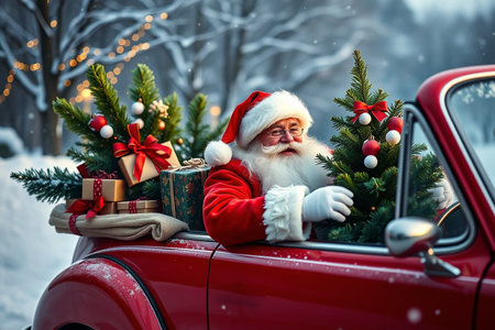 Unusual 3d illustration of a Red Santa's car with gift boxes and christmas tree on the top. Merry Christmas and a Happy New Year concept. High quality illustrationの素材