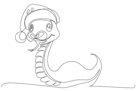 Coloring page of a funny friendly snake wearing a Santa hat. Vector outline drawing. No artificial intelligence was used to create the illustration. . Vector illustrationのイラスト素材