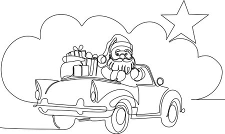 Vector hand drawn Christmas concept sketch. Santa Claus driving car with open bag full of presents. Lettering Christmas concept. Vector illustrationのイラスト素材