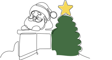 One continuous line drawing Santa Claus on reindeer and sled. concept for Christmas and New Year. vector illustration. Vector illustrationのイラスト素材
