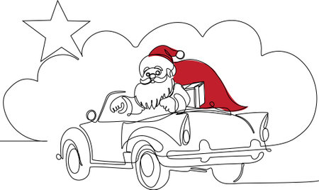 Vector hand drawn Christmas concept sketch. Santa Claus driving car with open bag full of presents. Lettering Christmas concept. Vector illustrationのイラスト素材