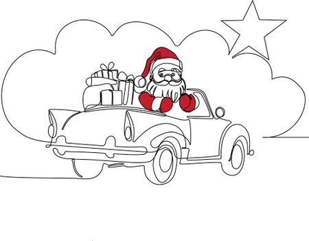 Vector hand drawn Christmas concept sketch. Santa Claus driving car with open bag full of presents. Lettering Christmas concept. Vector illustrationのイラスト素材