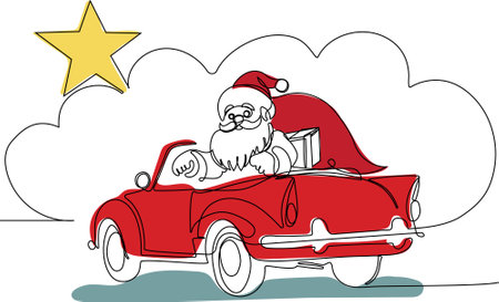 Vector hand drawn Christmas concept sketch. Santa Claus driving car with open bag full of presents. Lettering Christmas concept. Vector illustrationのイラスト素材
