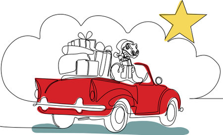Vector hand drawn Christmas concept sketch. Santa Claus driving car with open bag full of presents. Lettering Christmas concept. Vector illustrationのイラスト素材