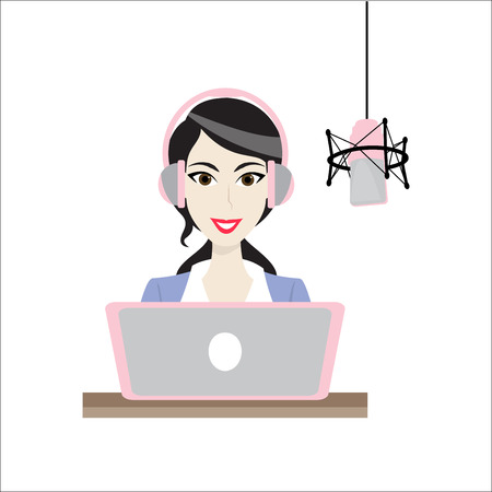 Illustration of a Female brunette Disc Jockey work in radio stationのイラスト素材