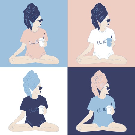 girl drinking coffee in the morning popart illusrationのイラスト素材