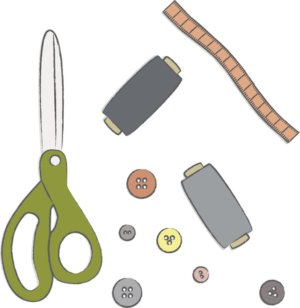 sewing illustration equipment set - scissors, needle, button - craft print. Vector clipartのイラスト素材