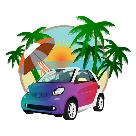 beach car in the summer on a background of sunset palm beach chair umbrellaのイラスト素材