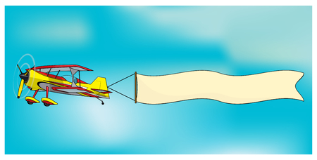 Retro biplane aircraft pulling advertisement banner illustrationのイラスト素材
